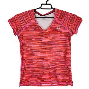 Womens Under Armour Orange Striped Fitted Shirt V Neck Short Sleeve Heat Gear M
